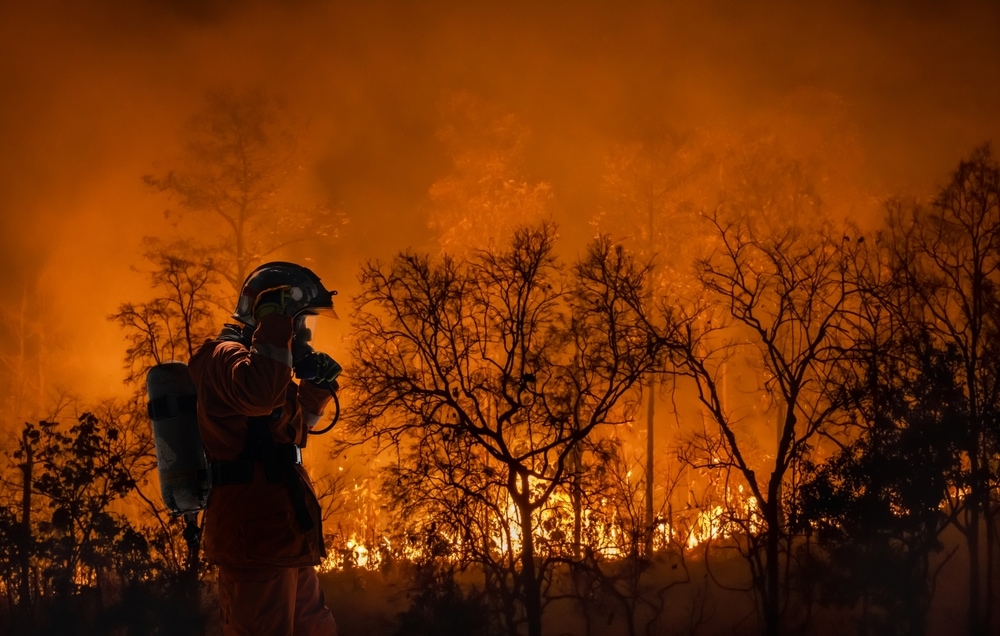 a firefighter getting ready to extinguish a fire