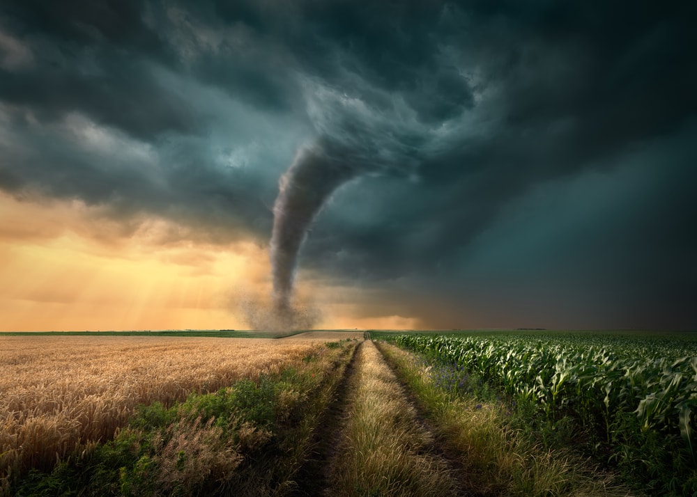Tornado destroying the crops in the field