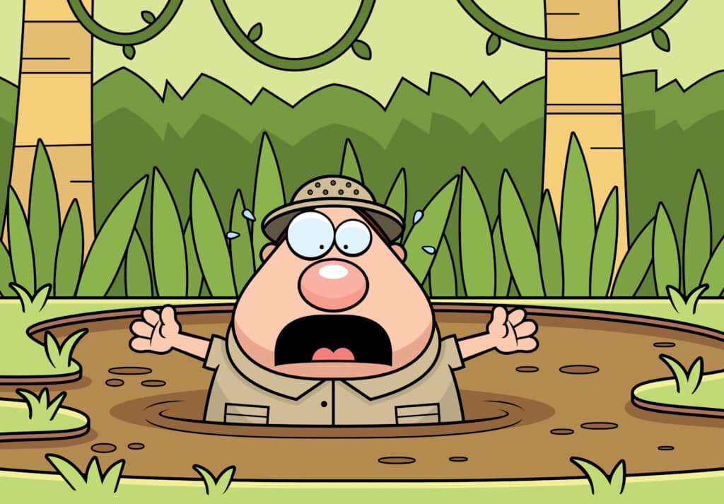 Cartoon illustration of a man getting stuck in a quicksand