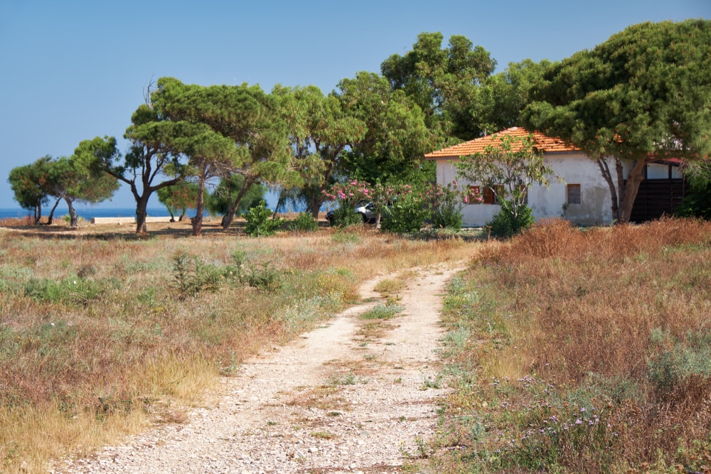 Temperate grassland with a house in the middle of it 
