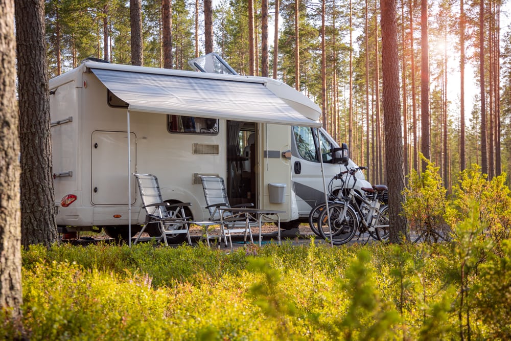 A campervan parked in the forest