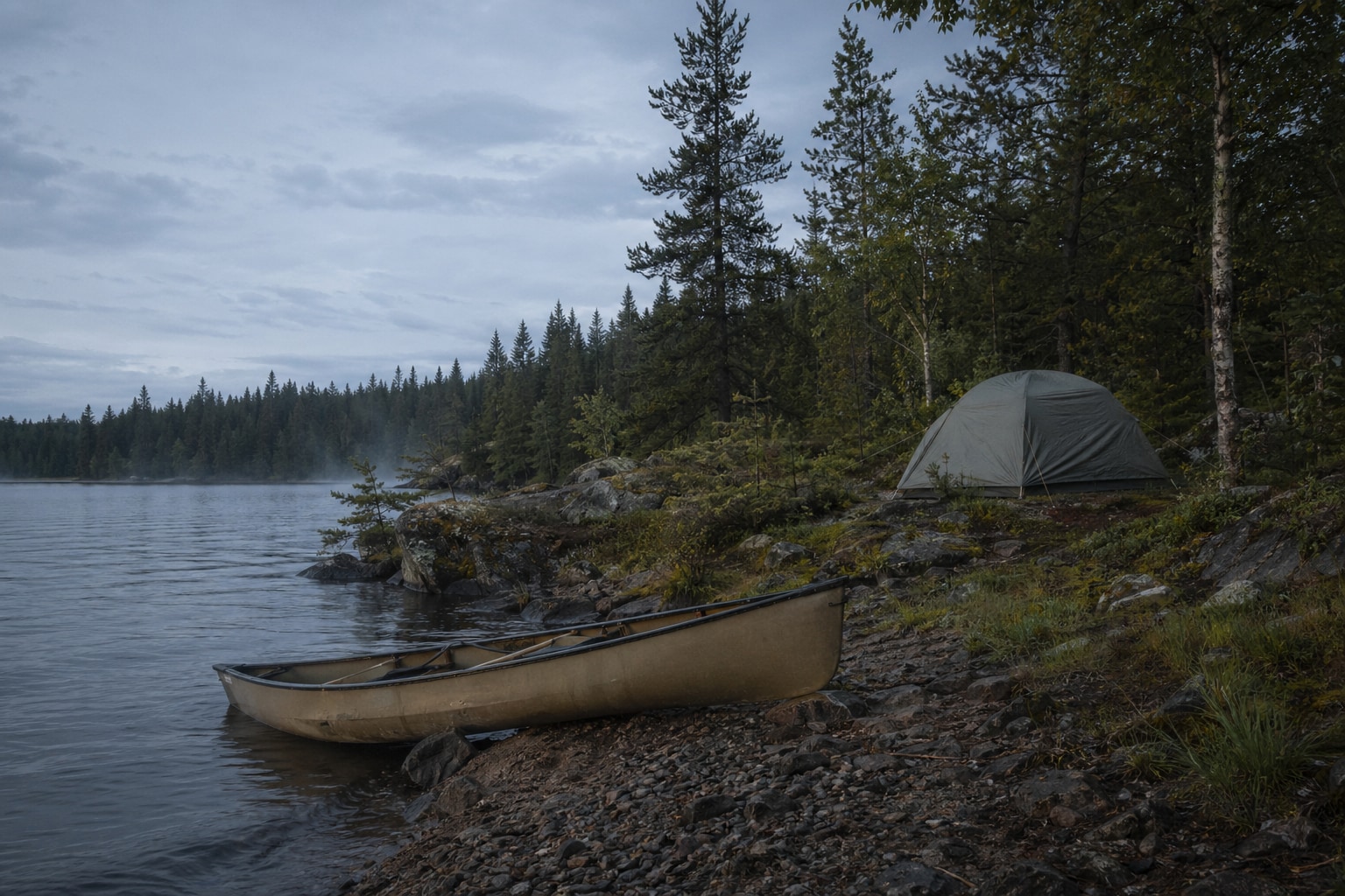 Quiet lakeside tent site in muted dawn light