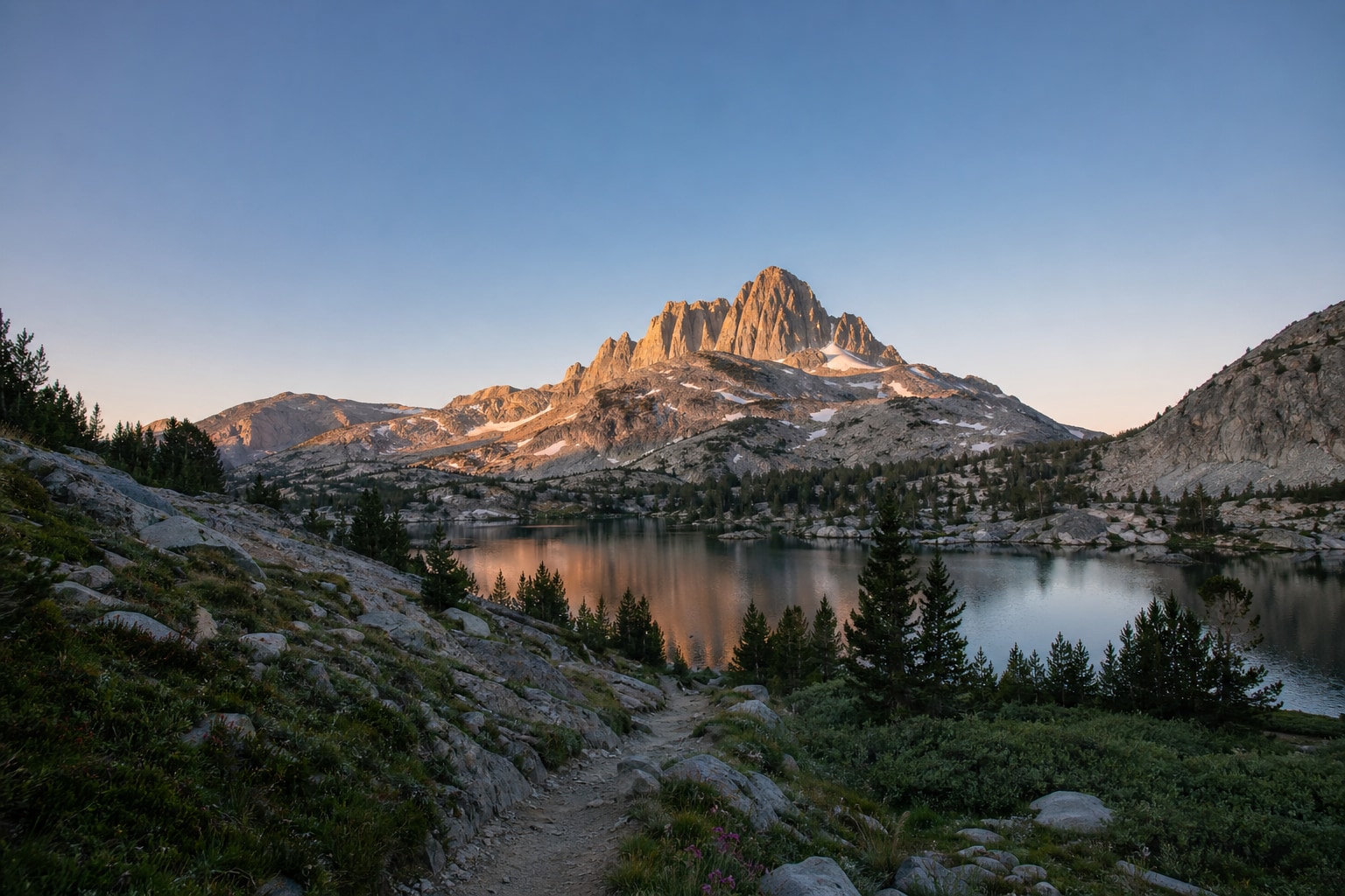 Remote alpine lake and trail below granite mountain peaks