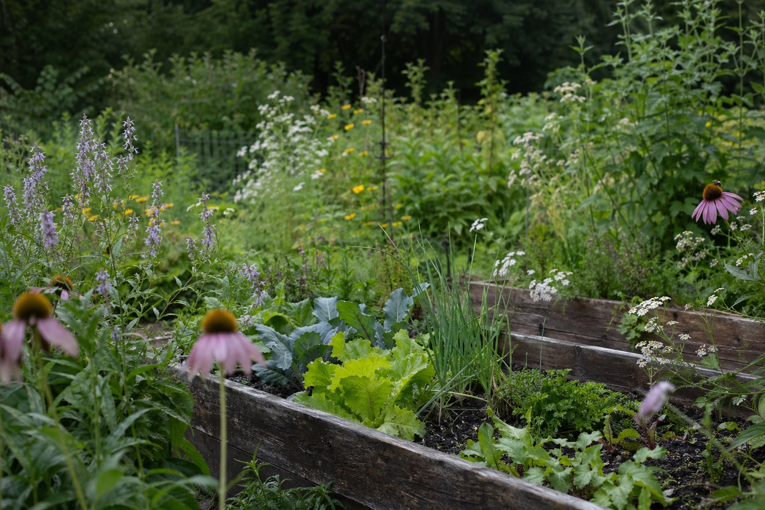 Pollinator-friendly garden with herbs flowers and raised beds