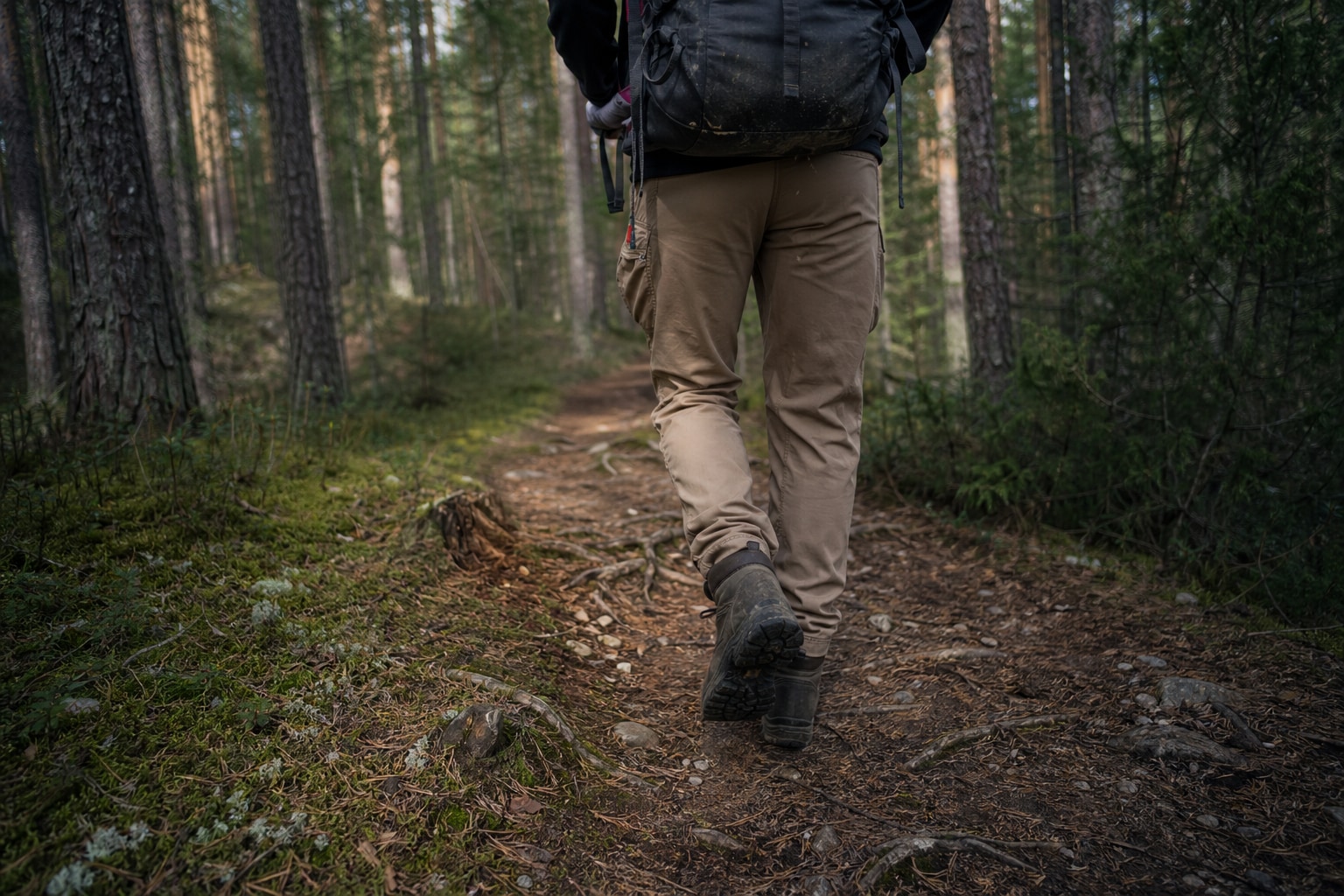 Hiker on a narrow dirt trail through pine forest