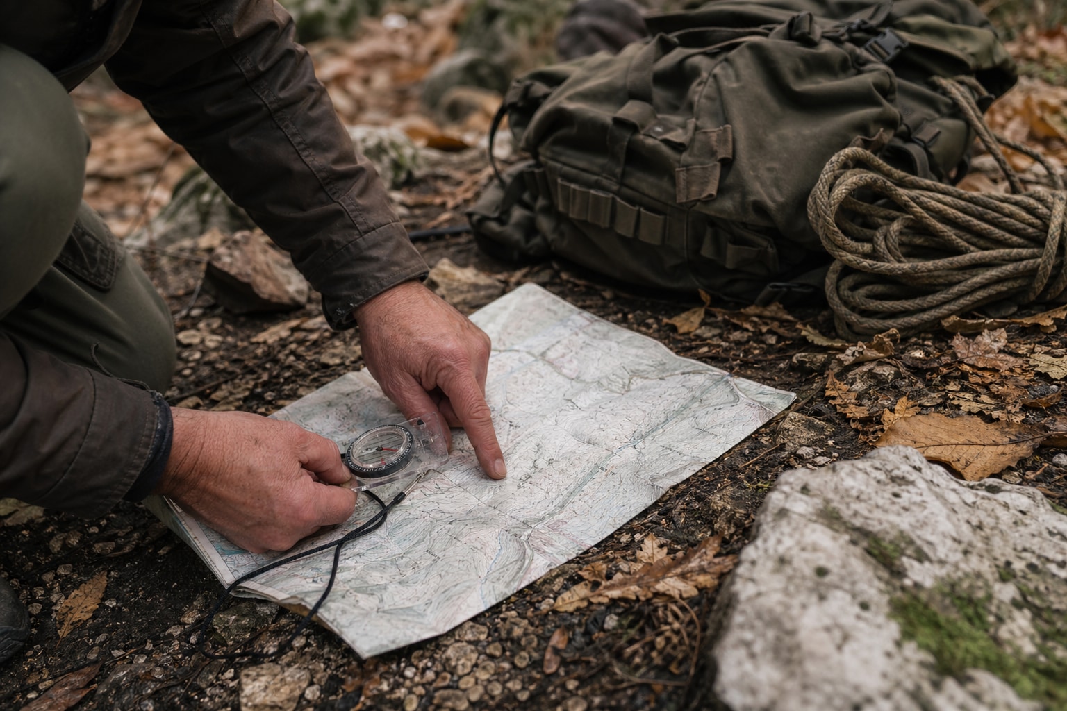 Hands using a map and compass with weathered outdoor gear