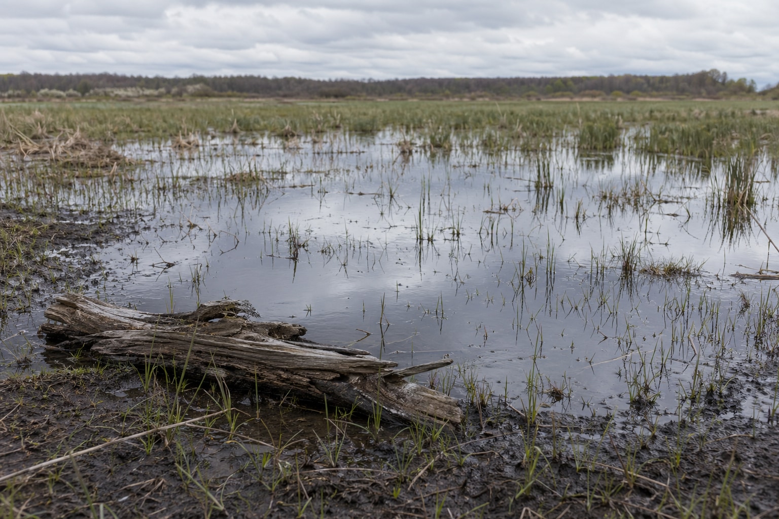 Prairie wetland after rain with sedges and shallow water