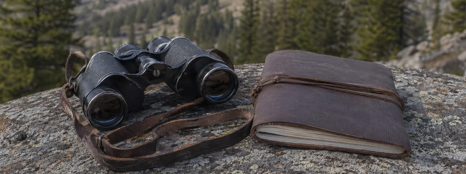 Worn leather-strap binoculars and a closed leather field journal on a sun-warmed granite outcrop with lichen