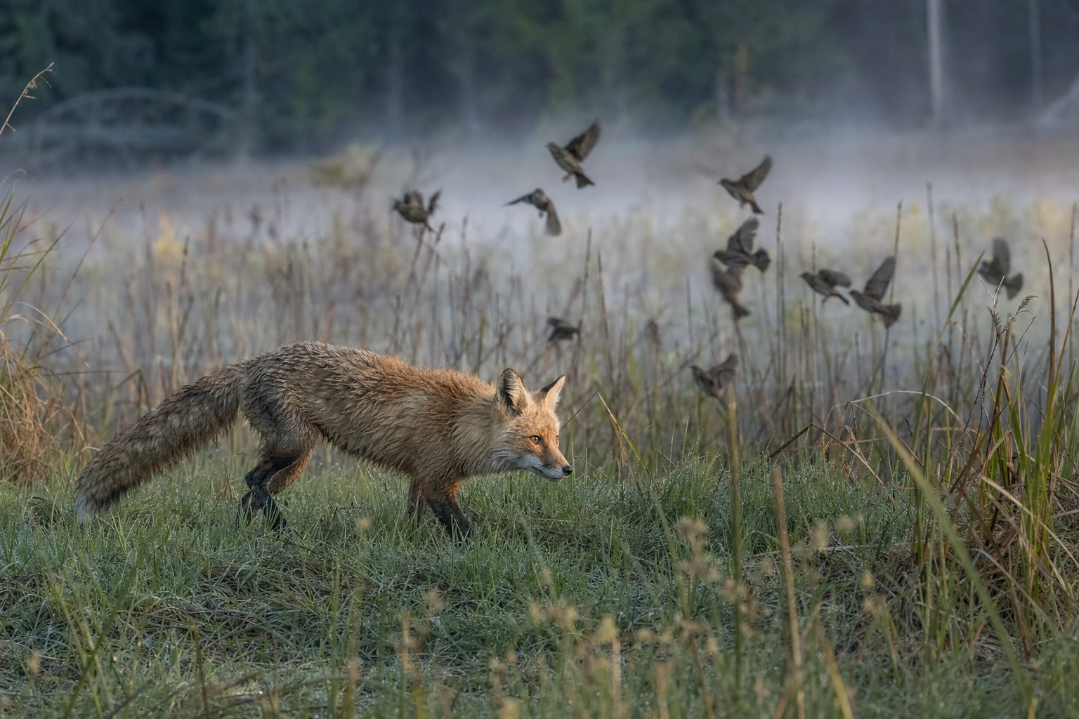 Red fox moving through a misty wetland at dawn