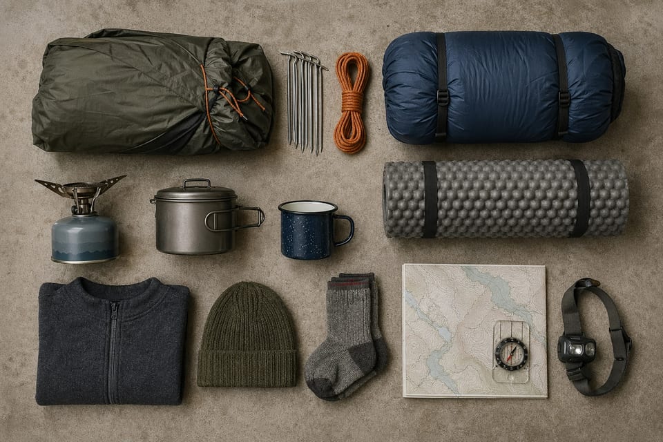 Aerial flat-lay of camping gear arranged in tidy categorized rows: shelter, sleep system, kitchen, clothing, navigation
