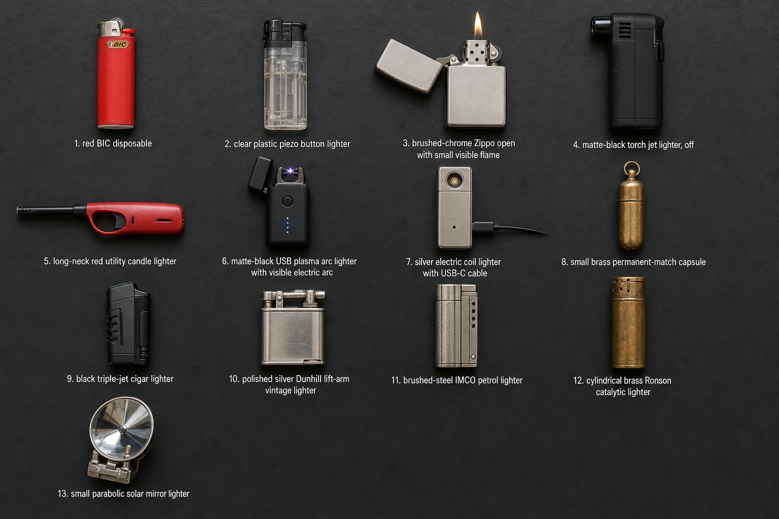Visual reference of 13 lighter types laid out top-down on a charcoal slate backdrop, including BIC, Zippo, torch jet, plasma arc, electric coil, Dunhill lift-arm, IMCO petrol, Ronson catalytic, and solar mirror designs.
