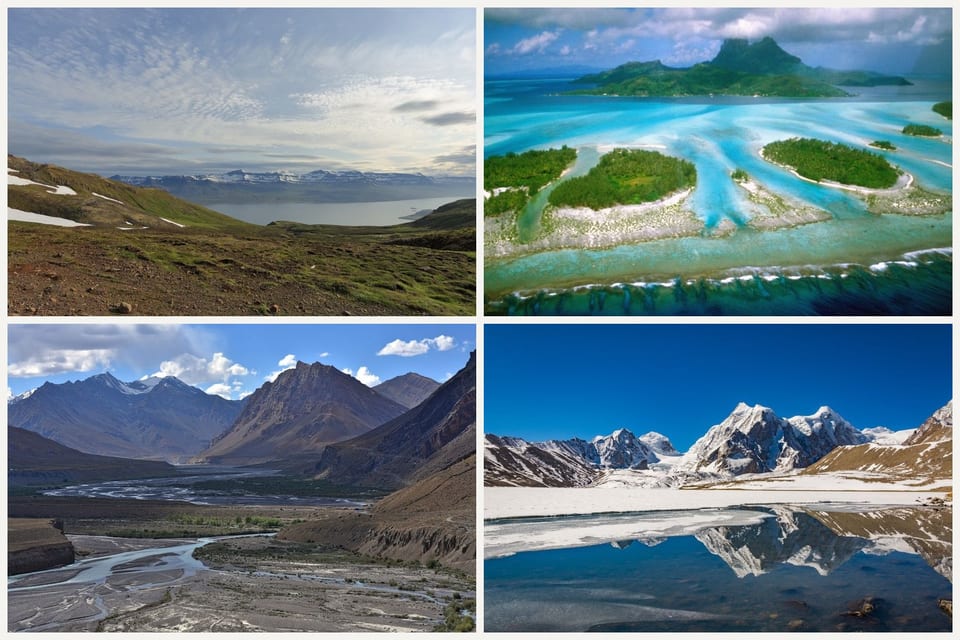 Four bodies of water: a fjord, a turquoise tropical lagoon, a braided river in a valley, and a half-frozen glacial lake