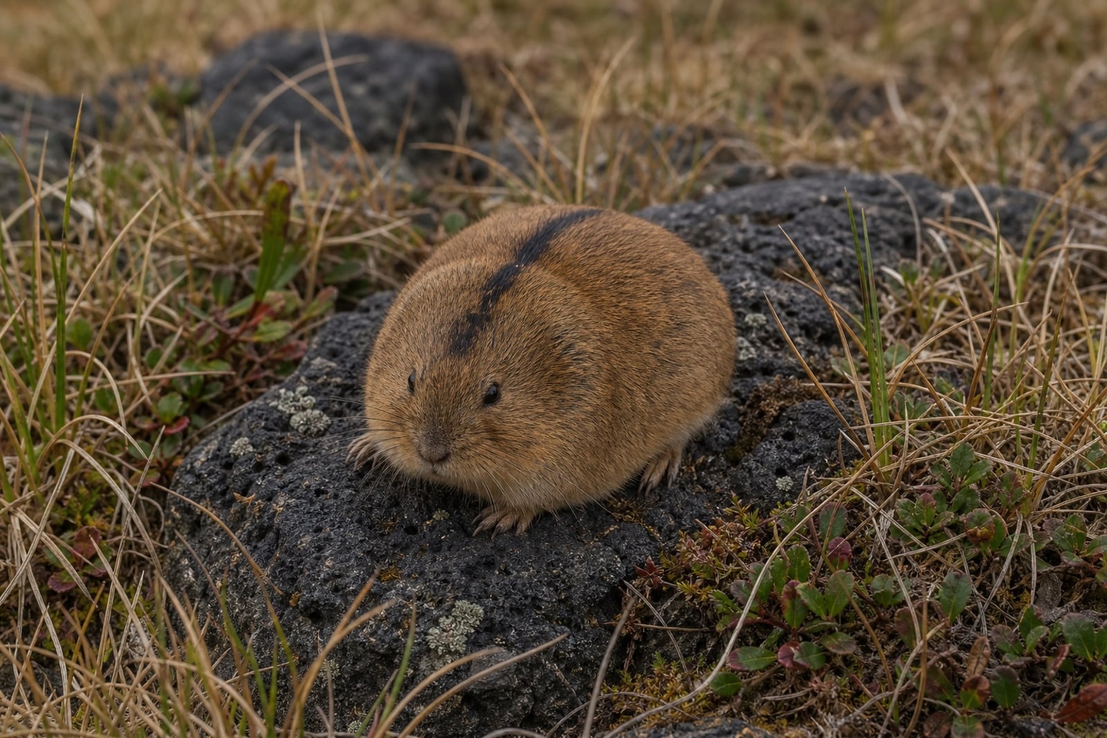 AI-generated image: Aleutian Island Collared Lemming facing forward on dark lava rock in tundra grass. No public-domain photograph of this species exists. This image was generated with AI from verified reference material and reviewed by our editorial team for accuracy
