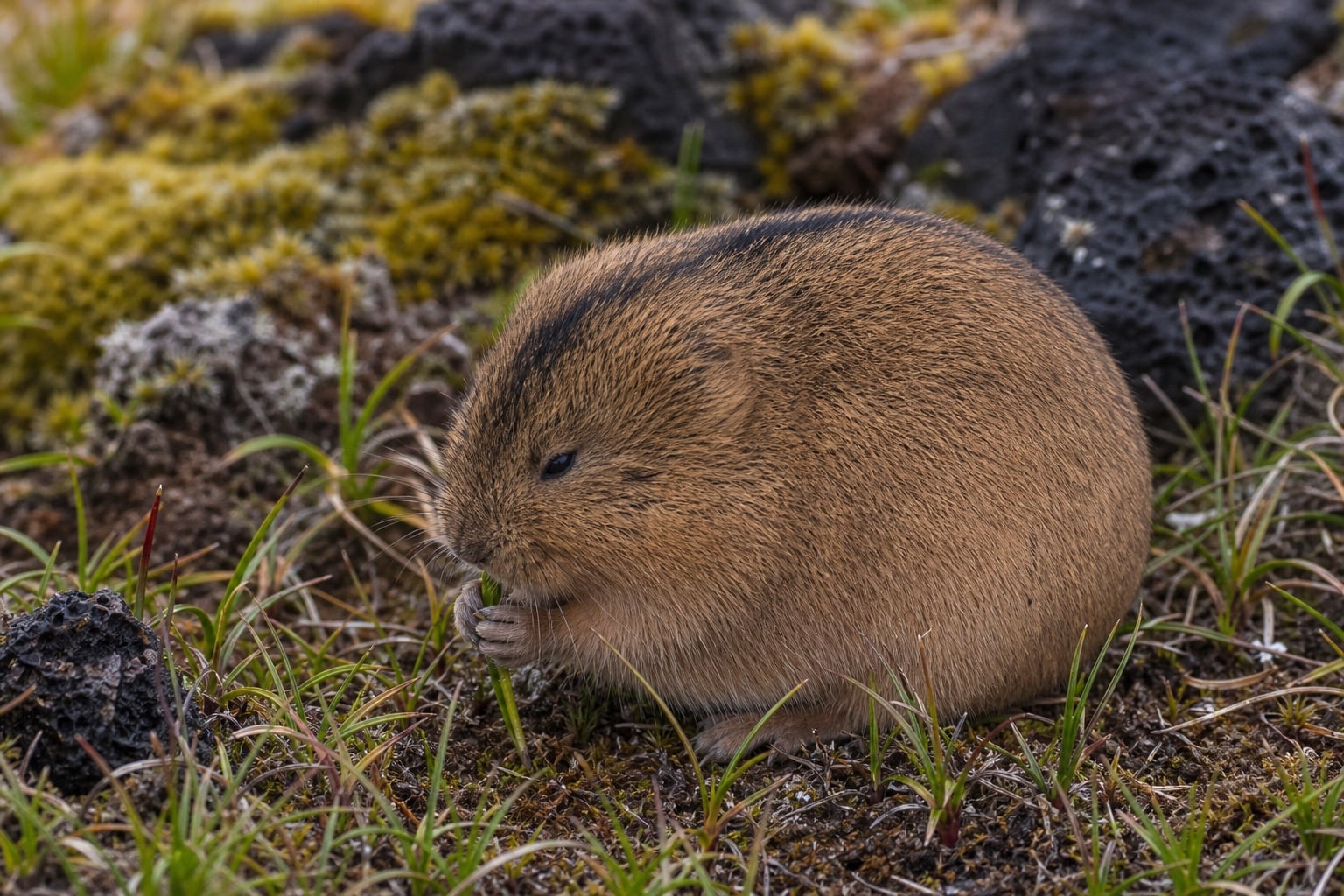 AI-generated image: Aleutian Island Collared Lemming side profile holding food among tundra moss and rock. No public-domain photograph of this species exists. This image was generated with AI from verified reference material and reviewed by our editorial team for accuracy