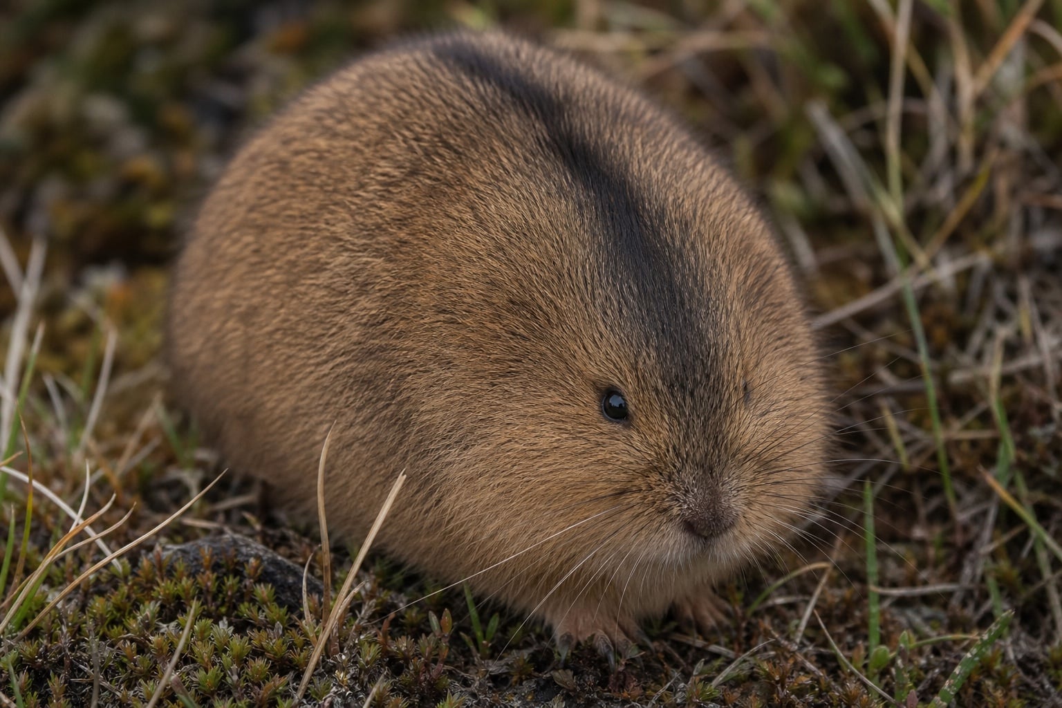 AI-generated image: Aleutian Island Collared Lemming close up facing camera on tundra ground cover. No public-domain photograph of this species exists. This image was generated with AI from verified reference material and reviewed by our editorial team for accuracy