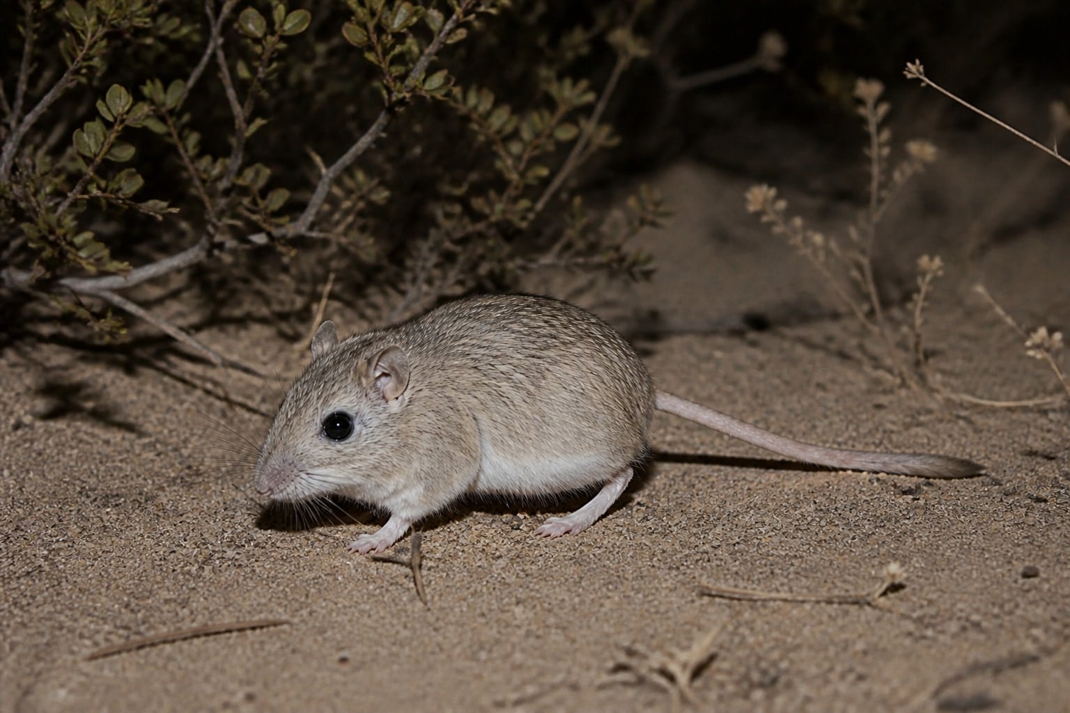 AI-generated image: Arizona pocket mouse close view on desert sand at night. No public-domain photograph of this species exists. This image was generated with AI from verified reference material and reviewed by our editorial team for accuracy