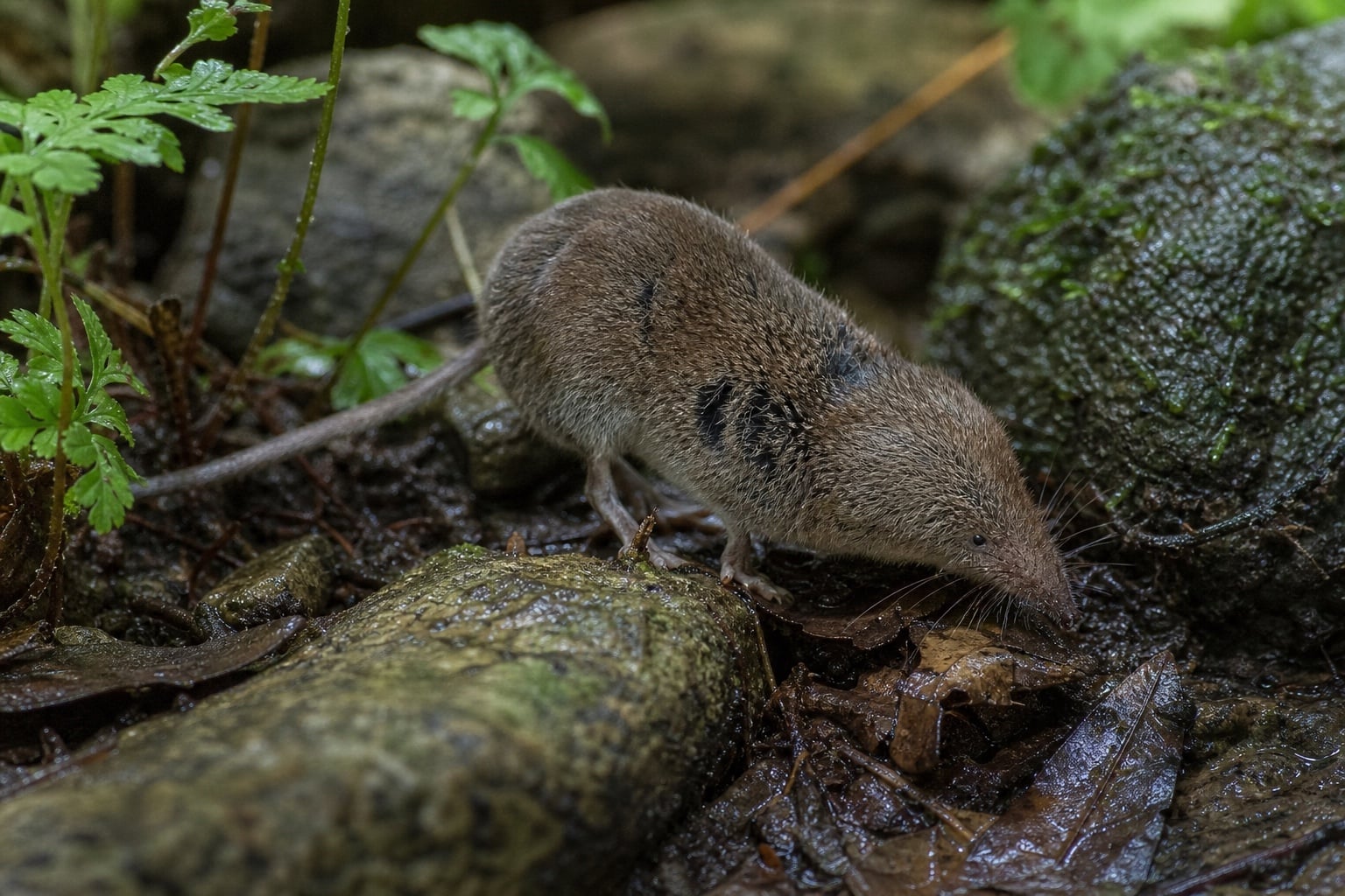 AI-generated image: Arizona shrew foraging in damp leaf litter among ferns. No public-domain photograph of this species exists. This image was generated with AI from verified reference material and reviewed by our editorial team for accuracy