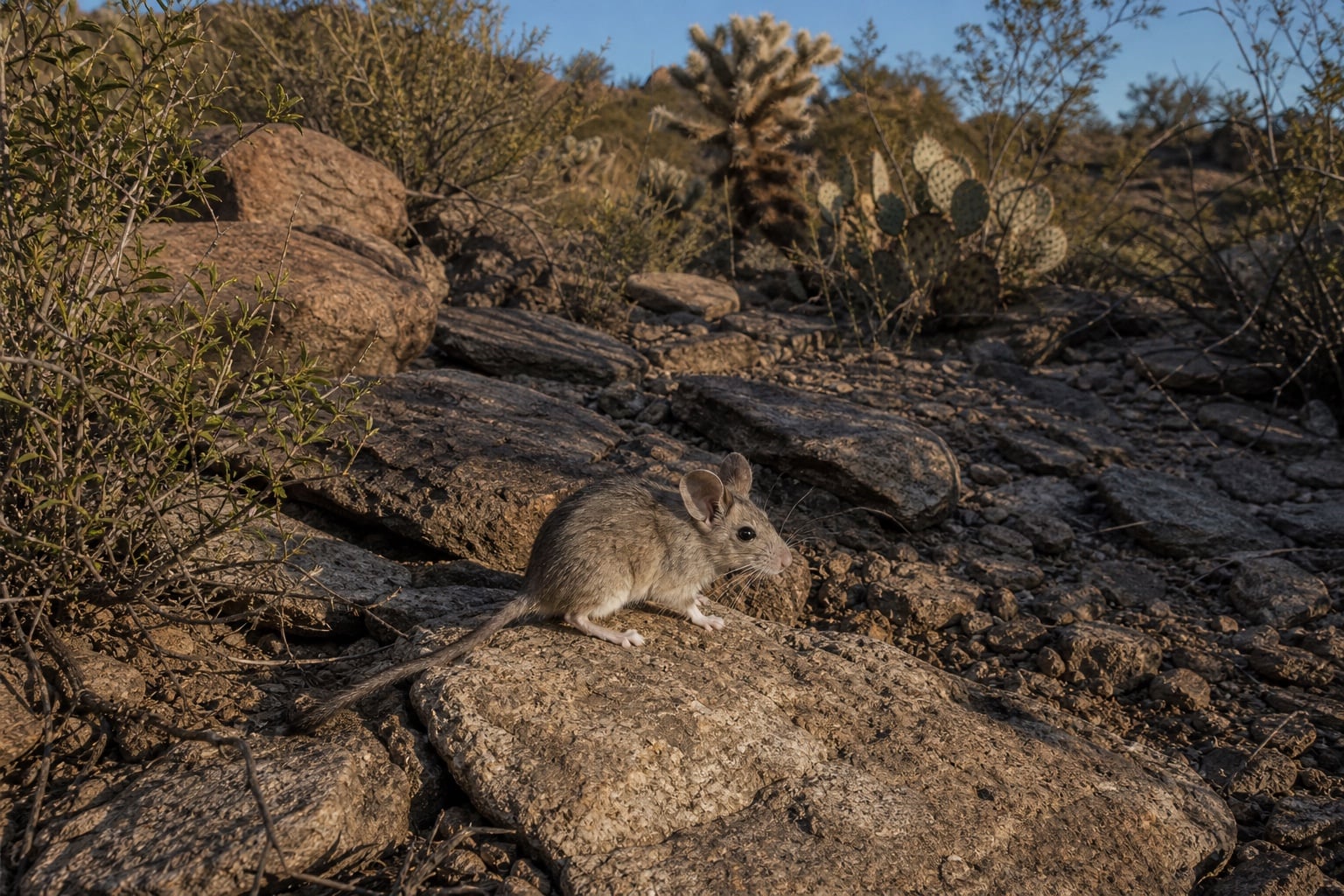 AI-generated image: Arizona Woodrat habitat wide shot on rocky desert slope among cacti. No public-domain photograph of this species exists. This image was generated with AI from verified reference material and reviewed by our editorial team for accuracy
