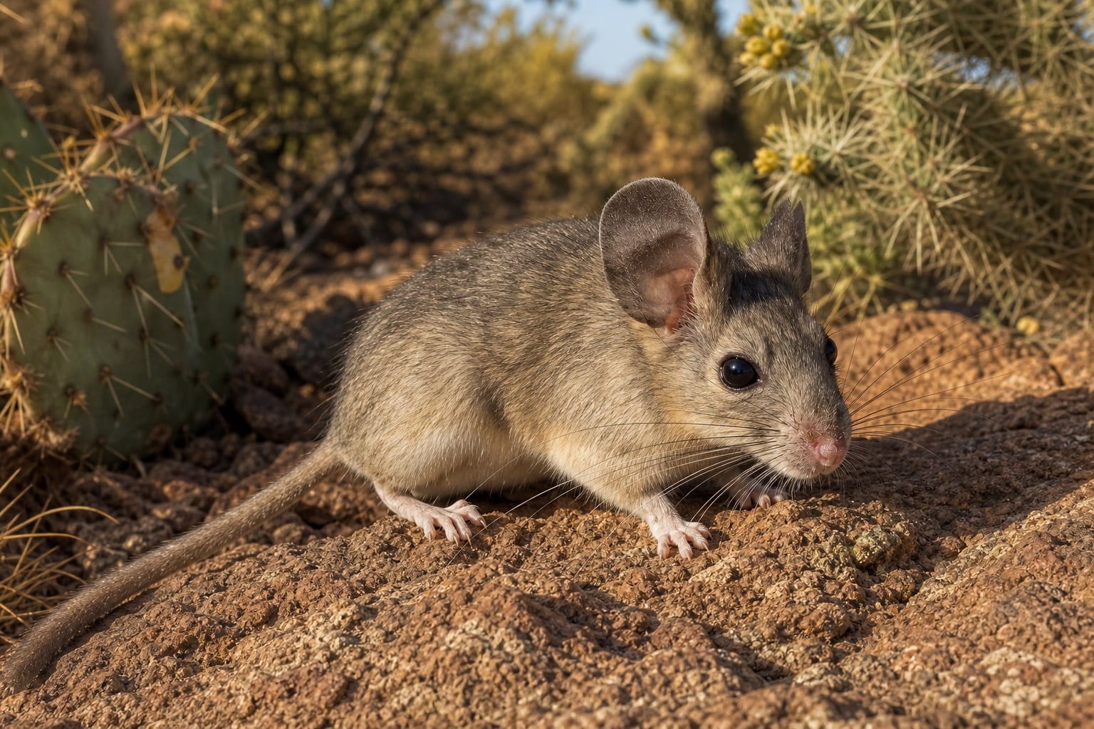 AI-generated image: Arizona Woodrat close up three quarter view on rock near prickly pear. No public-domain photograph of this species exists. This image was generated with AI from verified reference material and reviewed by our editorial team for accuracy