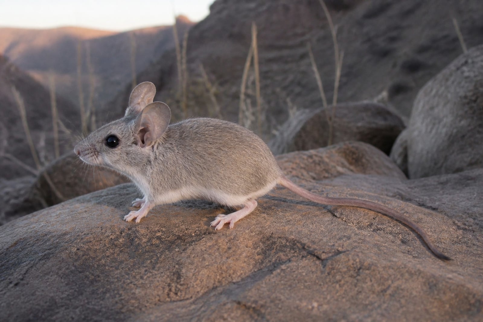 AI-generated image: canyon mouse crouched alert on desert rock at dusk. No public-domain photograph of this species exists. This image was generated with AI from verified reference material and reviewed by our editorial team for accuracy