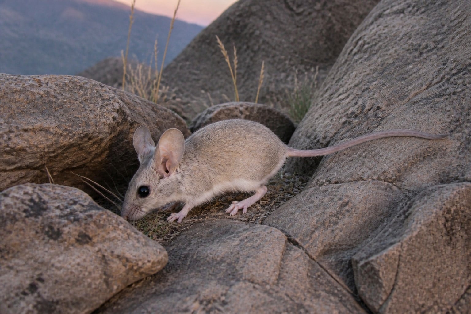 AI-generated image: Canyon mouse foraging between desert rocks at dusk. No public-domain photograph of this species exists. This image was generated with AI from verified reference material and reviewed by our editorial team for accuracy