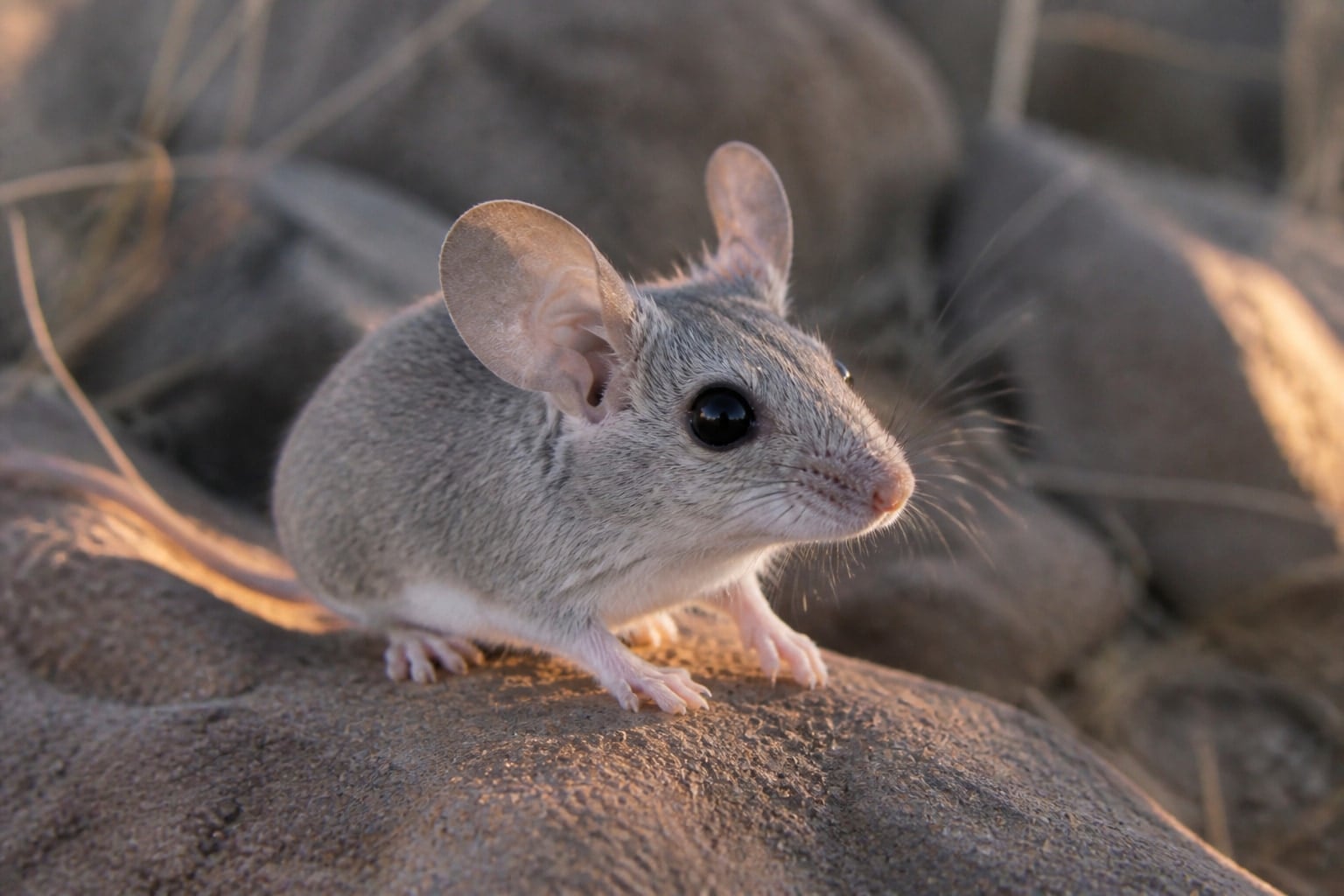 AI-generated image: Canyon mouse close view on a desert rock showing its large ears. No public-domain photograph of this species exists. This image was generated with AI from verified reference material and reviewed by our editorial team for accuracy