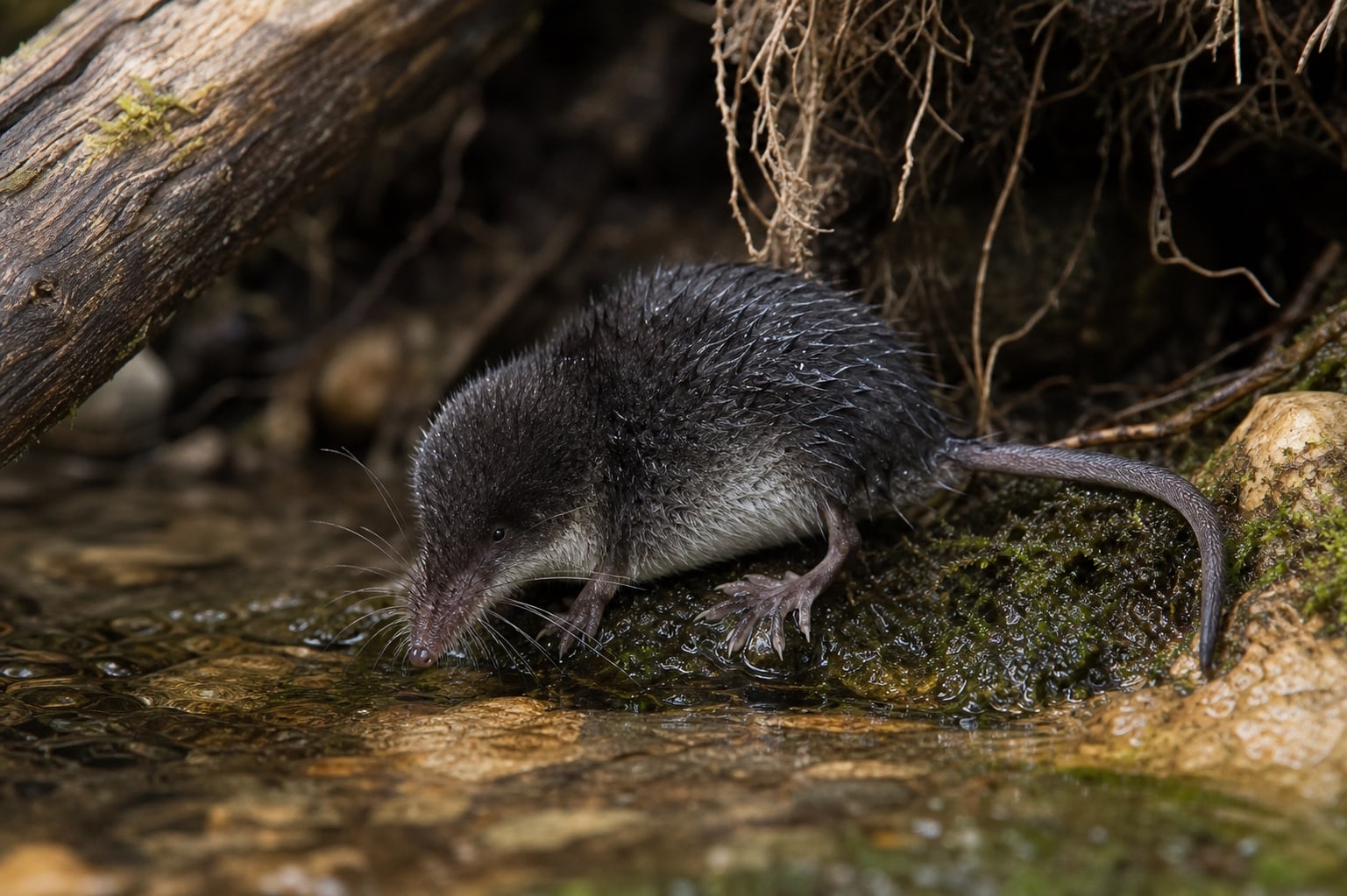 AI-generated image: Eastern Water Shrew drinking from shallow stream under overhanging roots. No public-domain photograph of this species exists. This image was generated with AI from verified reference material and reviewed by our editorial team for accuracy
