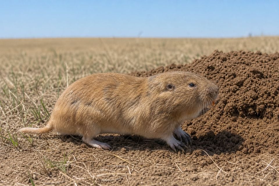AI-generated image: Hall's Pocket Gopher in side profile beside soil mound in grassland. No public-domain photograph of this species exists. This image was generated with AI from verified reference material and reviewed by our editorial team for accuracy