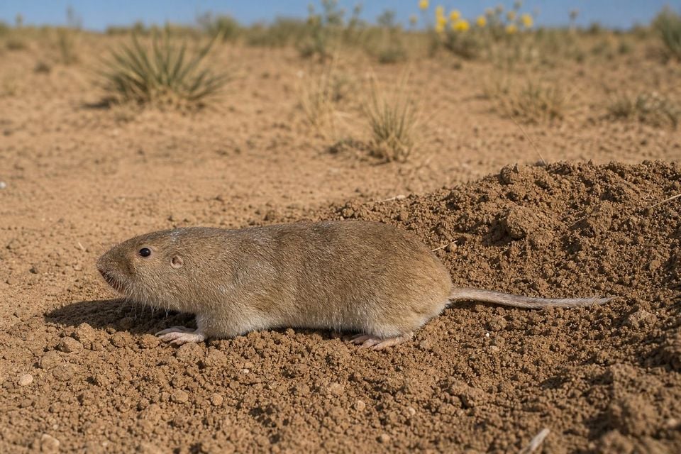 AI-generated image: Knox Jones's pocket gopher in side profile beside soil mound on arid grassland. No public-domain photograph of this species exists. This image was generated with AI from verified reference material and reviewed by our editorial team for accuracy