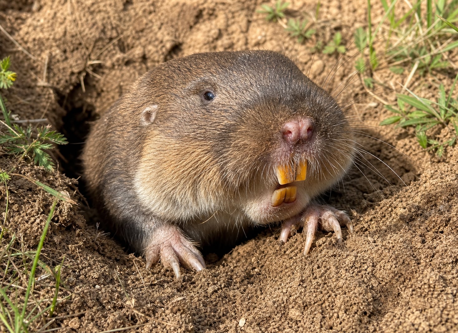AI-generated image: Llano Pocket Gopher close-up emerging from burrow showing orange incisors. No public-domain photograph of this species exists. This image was generated with AI from verified reference material and reviewed by our editorial team for accuracy