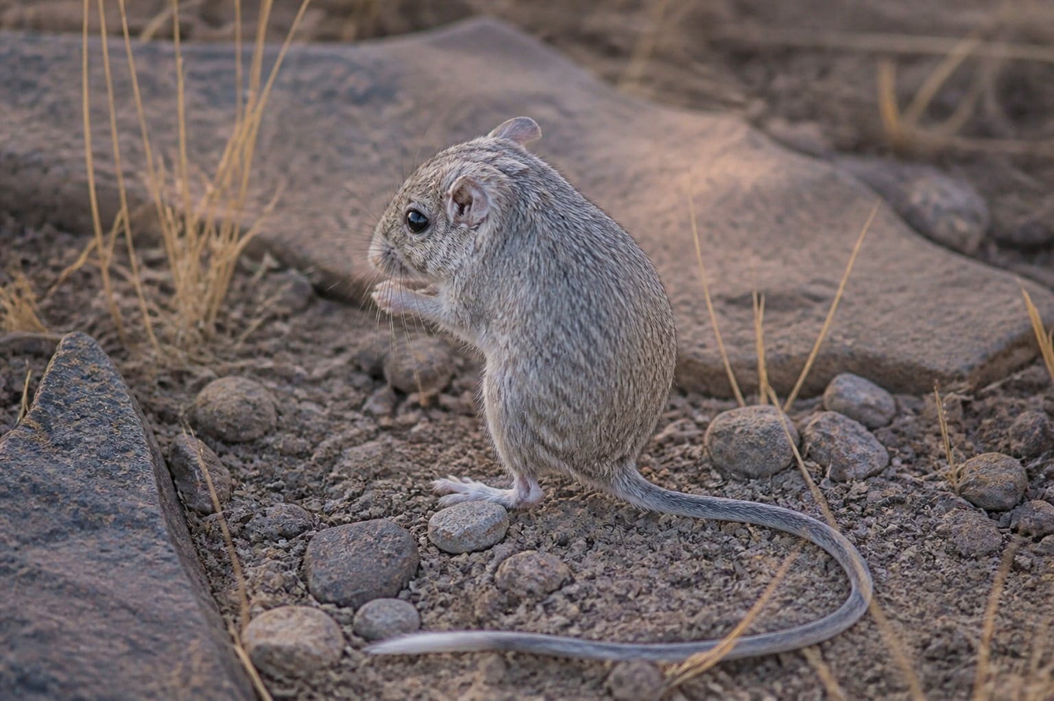 AI-generated image: Long-tailed pocket mouse sitting upright on desert gravel at dusk. No additional license-safe photograph of this species exists. This image was generated with AI from verified reference material and reviewed by our editorial team for accuracy