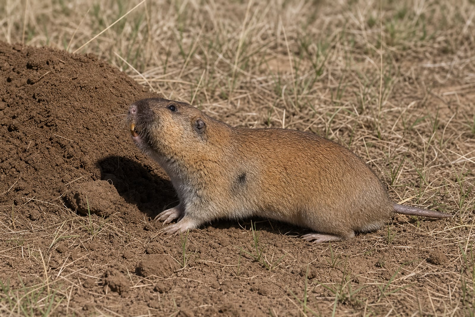 AI-generated image: New Mexico Pocket Gopher in side profile beside burrow mound in grassland. No public-domain photograph of this species exists. This image was generated with AI from verified reference material and reviewed by our editorial team for accuracy