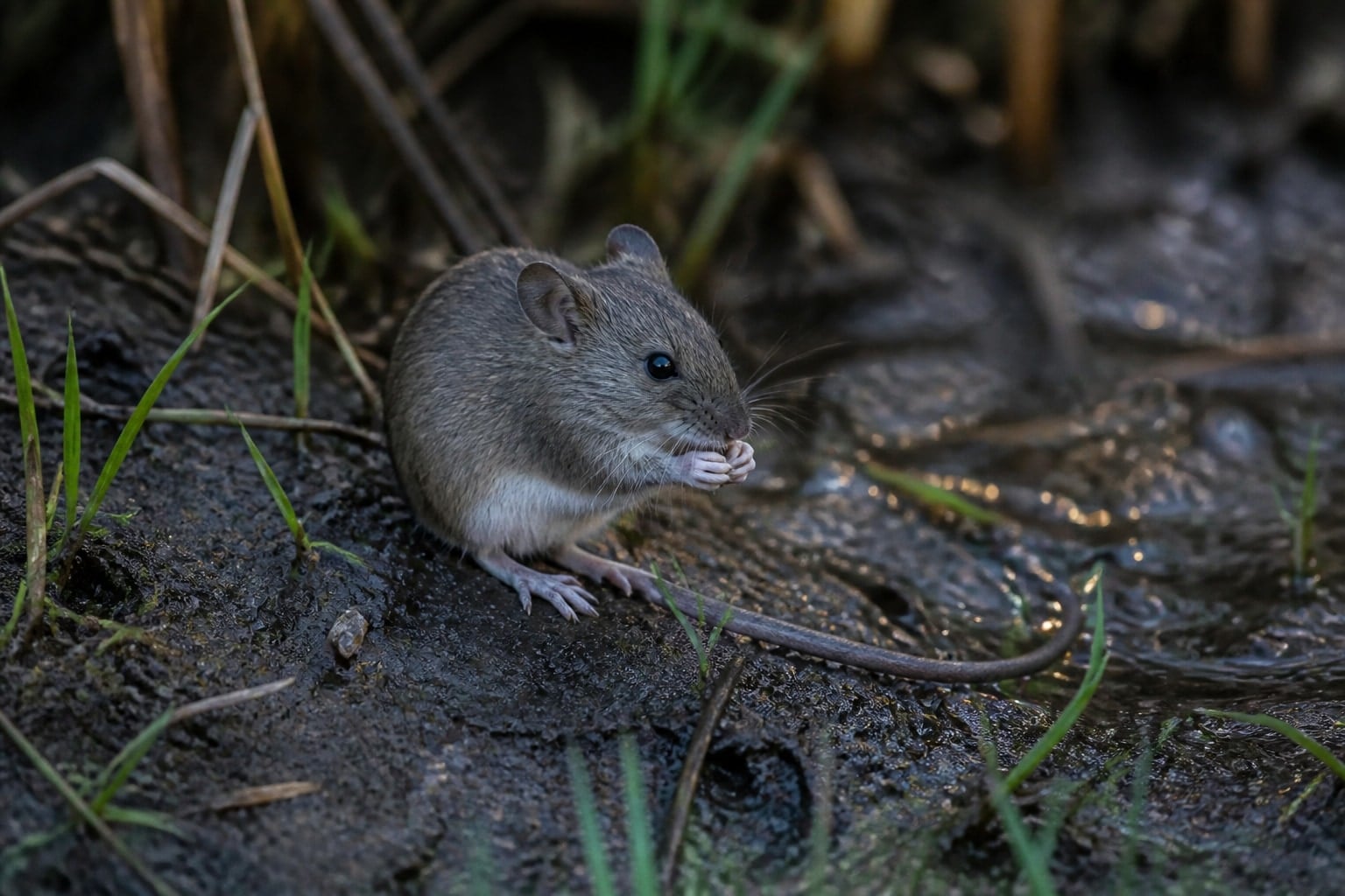 AI-generated image: Northwestern marsh rice rat grooming on a muddy bank. No additional license-safe photograph of this species exists. This image was generated with AI from verified reference material and reviewed by our editorial team for accuracy