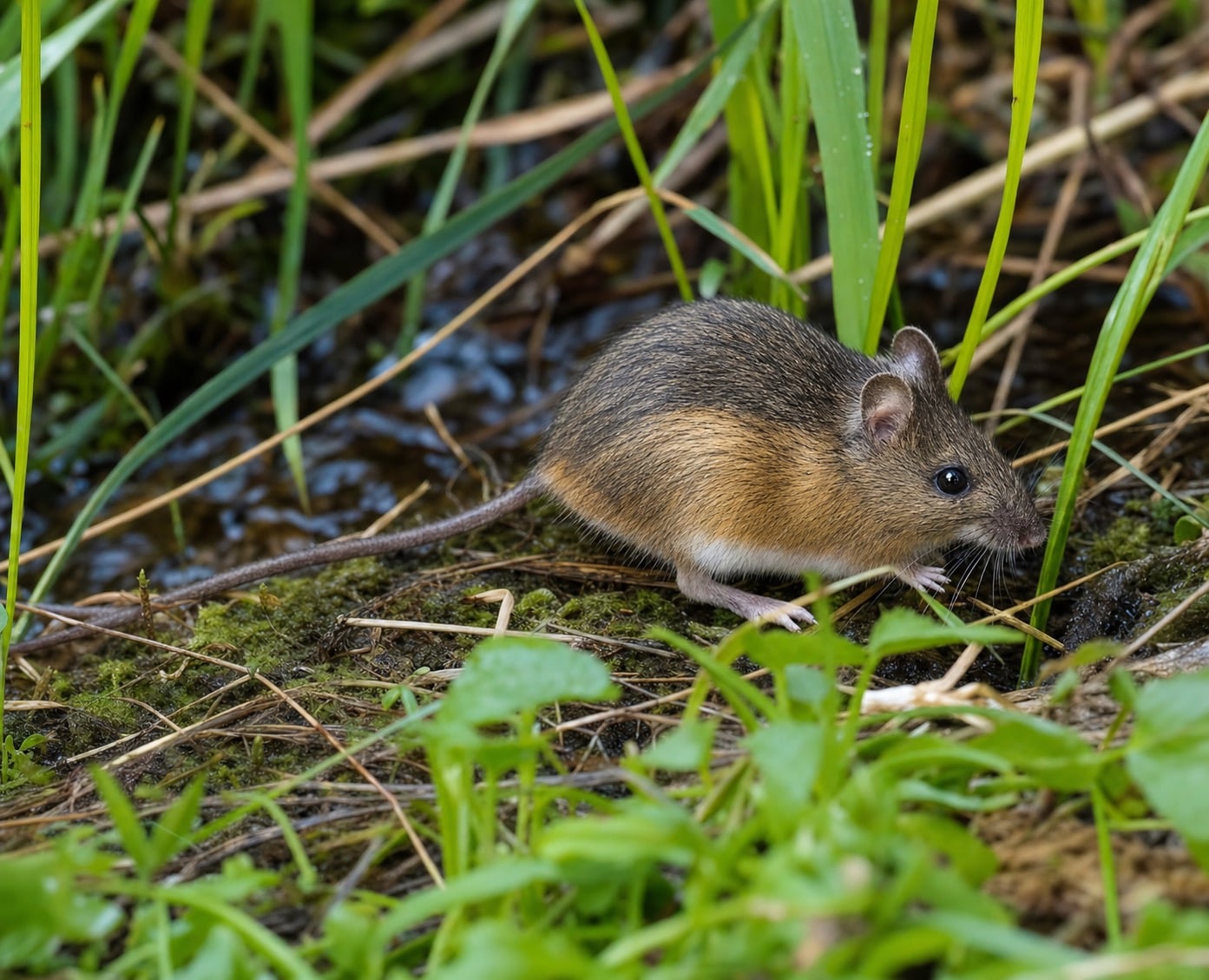 AI-generated image: Oregon Jumping Mouse in side profile among marsh grasses and sedges. No public-domain photograph of this species exists. This image was generated with AI from verified reference material and reviewed by our editorial team for accuracy