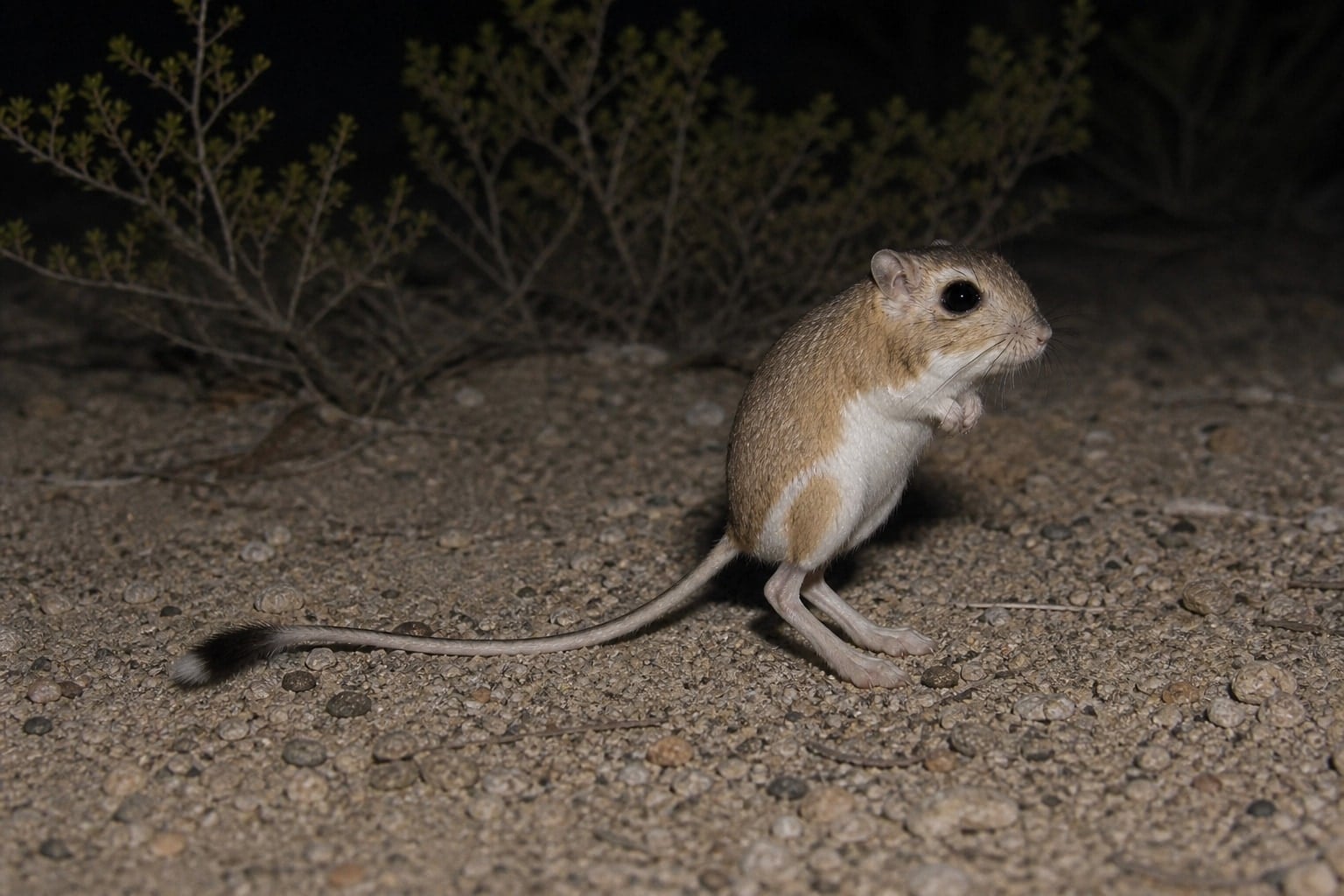 AI-generated image: Panamint kangaroo rat standing bipedal on desert gravel at night. No public-domain photograph of this species exists. This image was generated with AI from verified reference material and reviewed by our editorial team for accuracy
