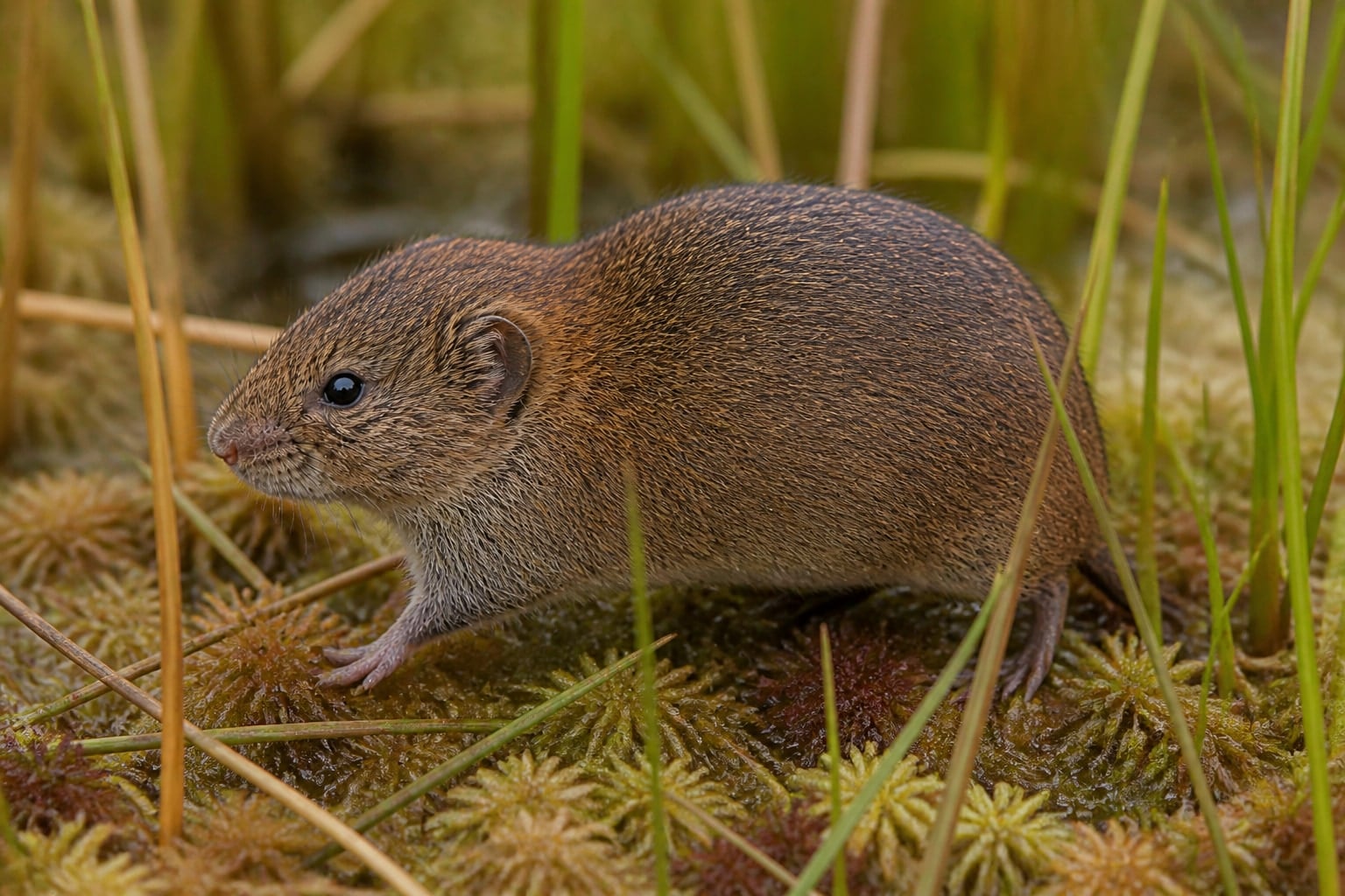 AI-generated image: Southern bog lemming moving through bog sedges. No public-domain photograph of this species exists. This image was generated with AI from verified reference material and reviewed by our editorial team for accuracy