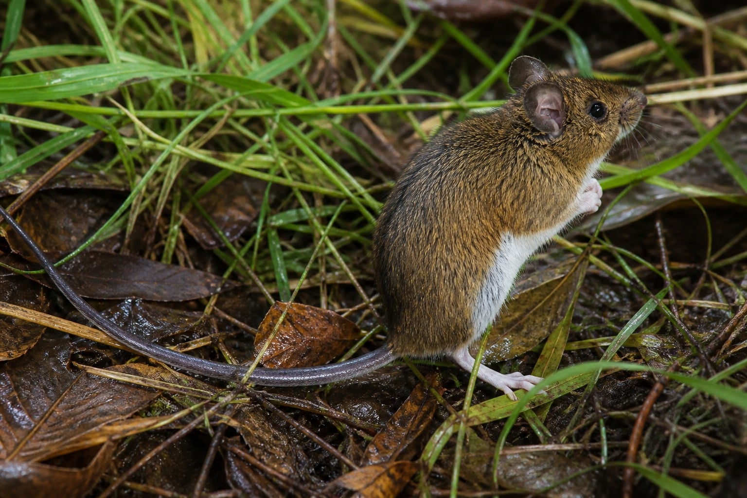 AI-generated image: Southern meadow jumping mouse sitting up among grass stems. No additional license-safe photograph of this species exists. This image was generated with AI from verified reference material and reviewed by our editorial team for accuracy