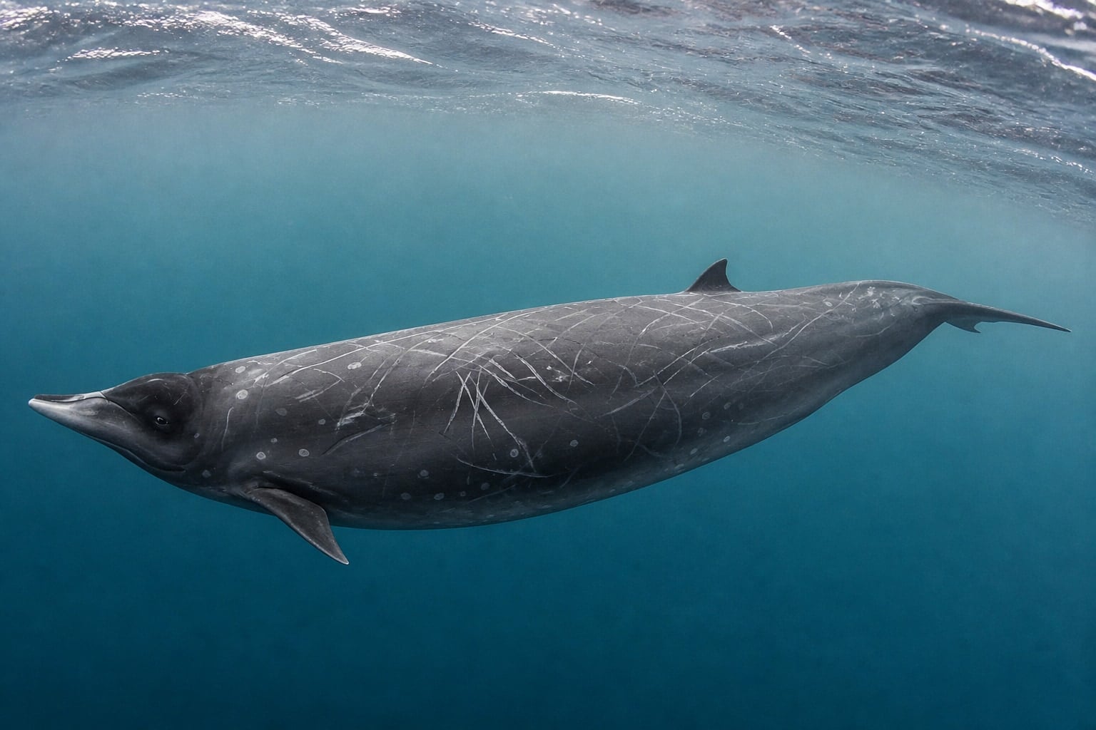 AI-generated image: Stejneger's beaked whale underwater showing flank scarring. No additional license-safe photograph of this species exists. This image was generated with AI from verified reference material and reviewed by our editorial team for accuracy