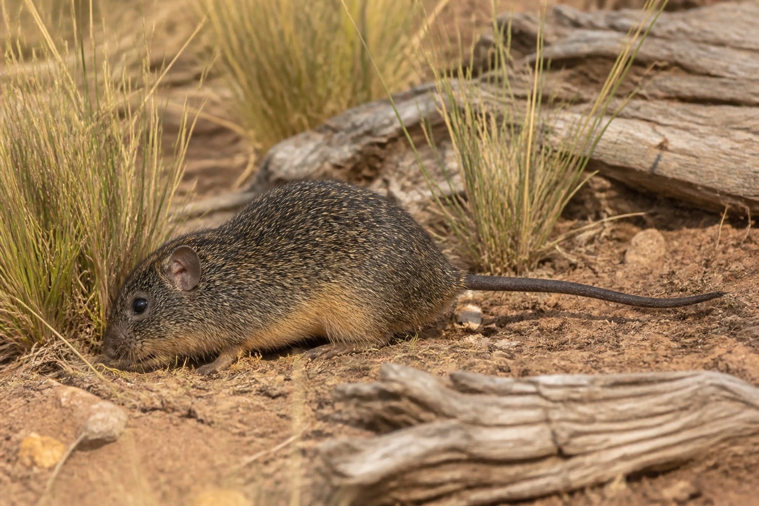 AI-generated image: Tawny-bellied cotton rat foraging between bunchgrass clumps. No additional license-safe photograph of this species exists. This image was generated with AI from verified reference material and reviewed by our editorial team for accuracy
