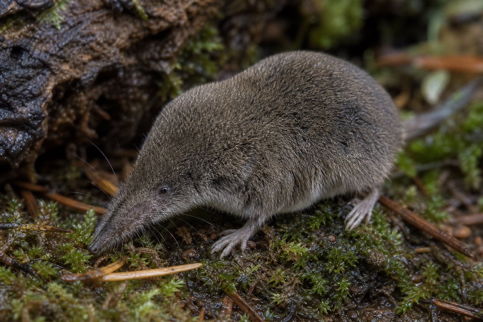 AI-generated image: Western Pygmy Shrew foraging head down among wet moss. No public-domain photograph of this species exists. This image was generated with AI from verified reference material and reviewed by our editorial team for accuracy