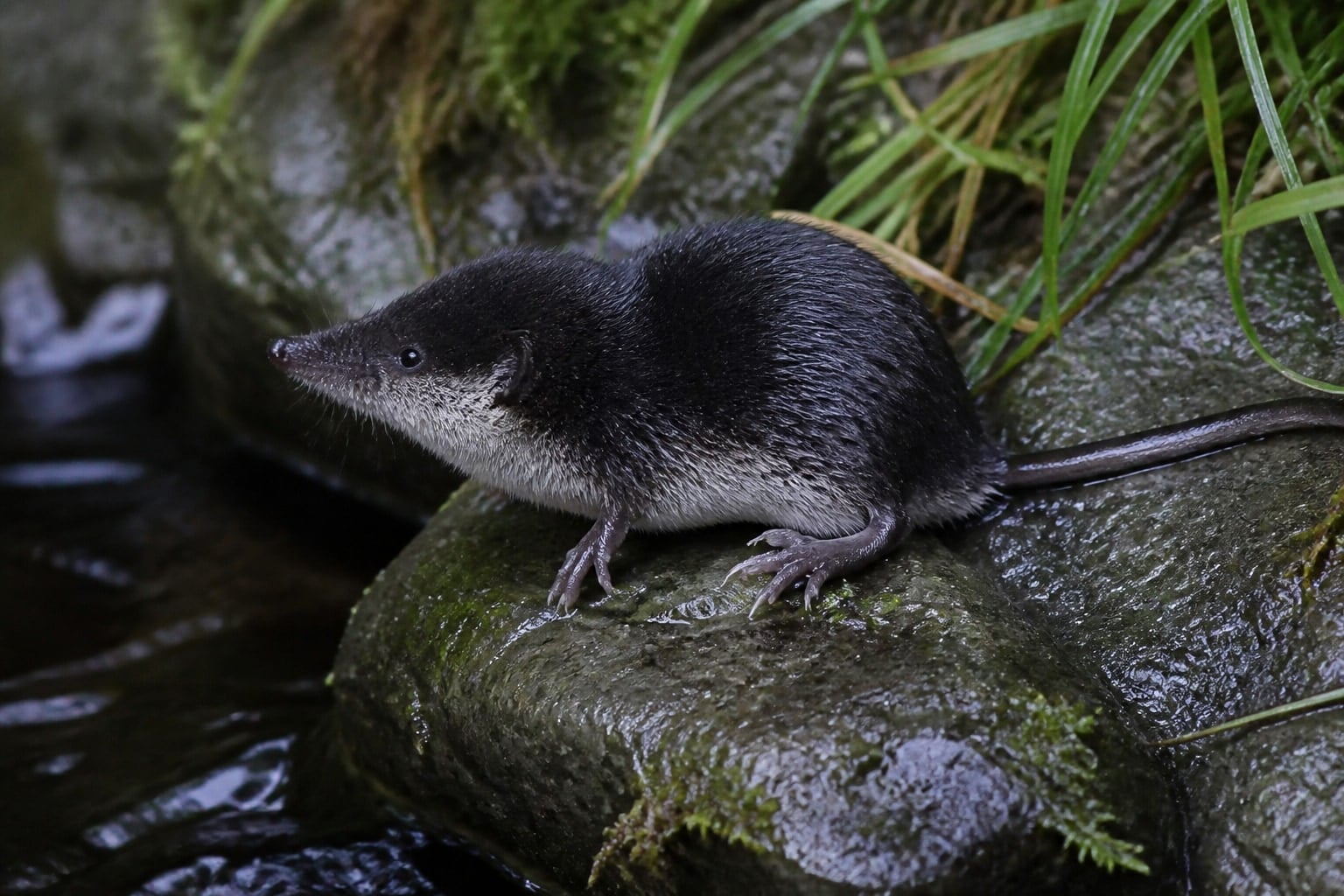 AI-generated image: Western water shrew crouched on a wet rock above dark water. No additional license-safe photograph of this species exists. This image was generated with AI from verified reference material and reviewed by our editorial team for accuracy